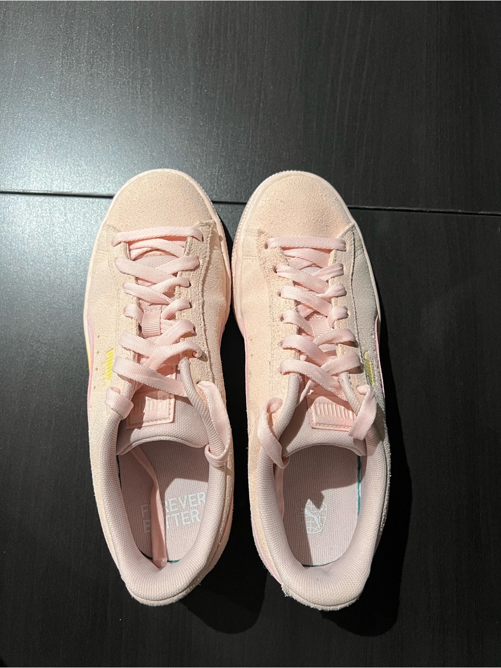 Puma Women’s Light Pink Suede Sneakers with Yellow accents